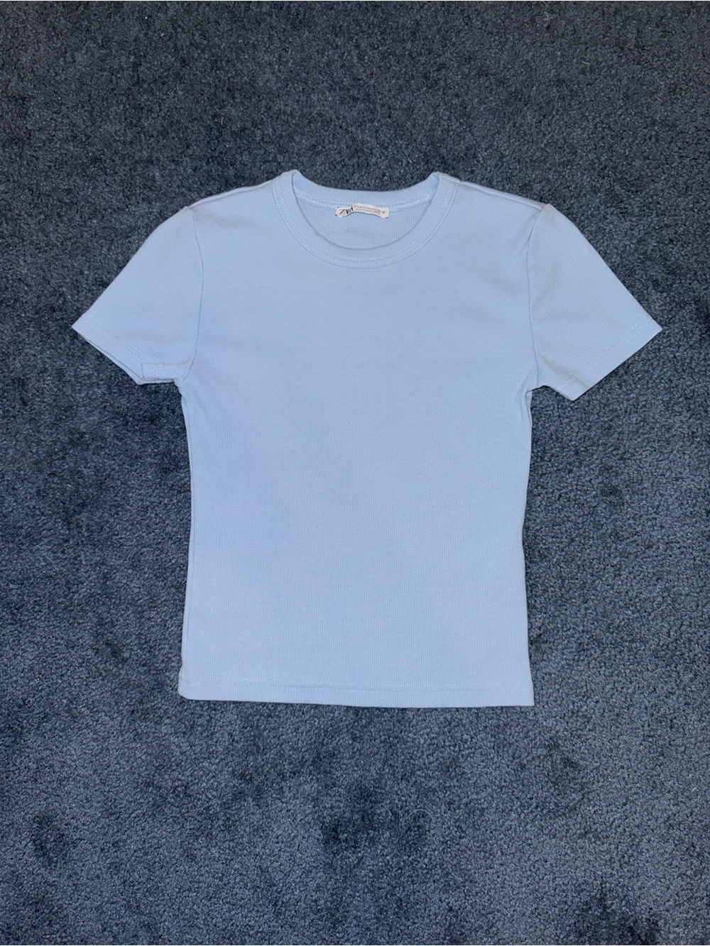 Zara Light Blue Ribbed Crew Neck Short Sleeve T-Shirt